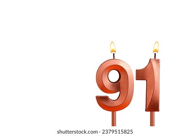 Birthday candle number 91 on white background