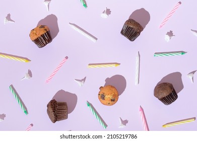 Birthday Candles And Muffins On A Purple Background. Colorful Aesthetic Birthday Layout.