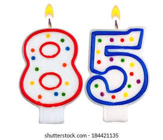 Birthday candles number eighty five isolated on white background