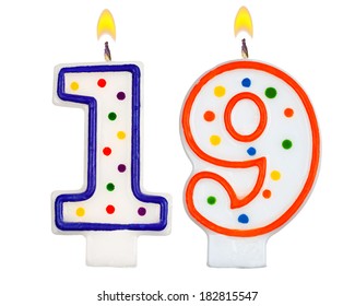 Birthday candles number nineteen isolated on white background