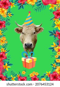 Birthday Card, Beige Cow With Party Hat And Gift On A Green Background With Flowers.