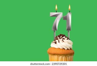 Birthday card with candle number 71 - Cupcake on green background