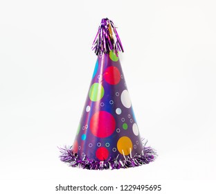 Birthday Carton Party Cone Hat With Balloons Isolated On White Background.