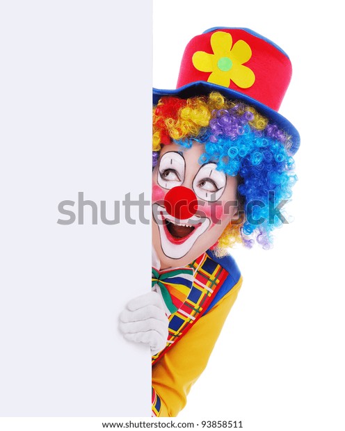 Clown D Anniversaire Tenant Un Tableau Vierge Photo De Stock Modifiable