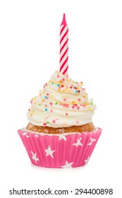 Birthday Cupcake With A Candle Isolated On White.