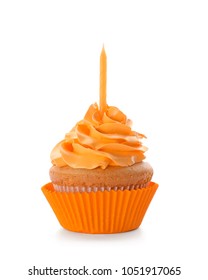 Birthday Cupcake With Candle On White Background