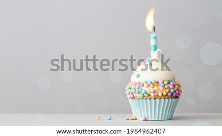 Birthday cupcake with pastel colored sprinkles and one birthday cake candle on a gray background with copyspace to side