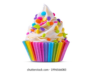 Birthday cupcake. Rainbow Cup Liners. Happy Birthday. LGBT pride. Tasty baking cupcakes, cake or muffin with white cream icing, frosting, bright colored sprinkles, candy. White isolated background.