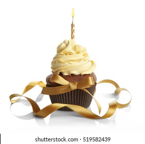 Birthday Cupcake And Ribbon On White Background