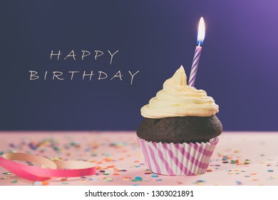Birthday Cupcake Single Candle On Pink Stock Photo 1303021891 ...