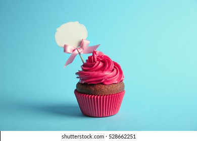 Birthday Cupcake With Space For Text On Blue Background