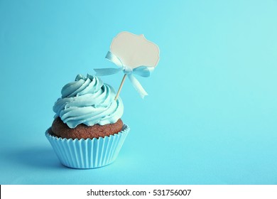 Birthday Cupcake With Space For Text On Blue Background