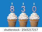 Birthday Cupcakes With Candles Lit Forming The Number 830 - Photo On Blue Background