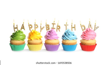 Row Colorful Birthday Cupcakes Isolated On Stock Photo 311344355 ...