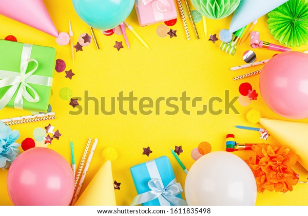 Birthday Decor On Yellow Background Top Stock Photo (Edit Now) 1611835498