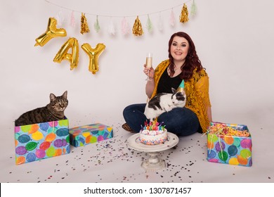 Birthday Decorated Scene Women Holding Wine Glass One Cat In Gift Box One Kitty On Her Lap Wearing Party Hat Birthday Cake On Cake Stand Party Time