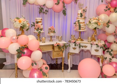 Birthday decoration with cake and balloons 
