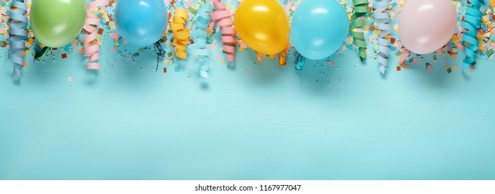 Birthday Decoration,balloon And Streamers On Blue Background