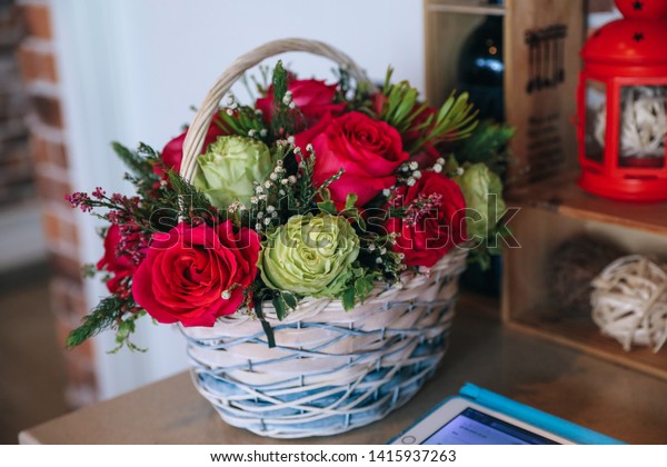 Birthday Flowers Bouquet Basket Roses Decoration Stock Photo Edit