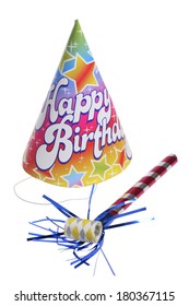 Birthday Hat And Noise Maker On White 