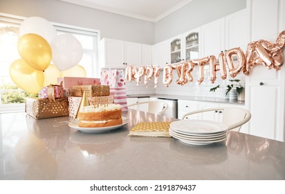 Birthday, Kitchen And Cake Stand With Balloons For House Party. Happy Event, Gifts And Baked Sweet Goods For Guests To Eat. Decorations, Special Celebration And Beautiful Table Of Presents