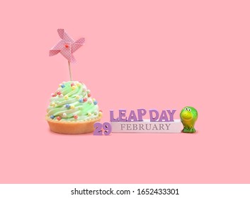 Birthday Leapers, Leap Day Greeting Concept. February 29 Date Calendar, Frog, Birthday Cupcakes On Pink Background. Copy Space