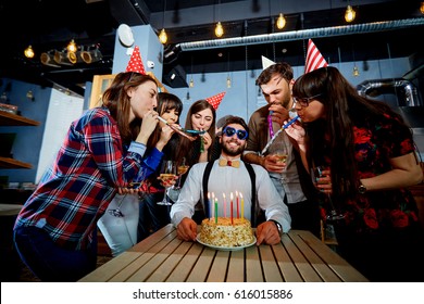 Birthday Party With Cake And Candles Friends At The Restaurant B