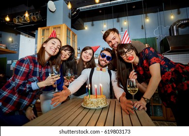 Birthday Party With Cake And Candles Friends At The Restaurant Bar.