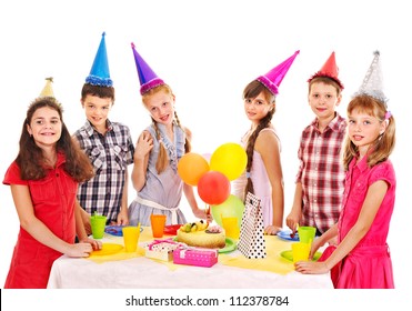 Birthday Party Of Group Teen With Cake. Isolated.