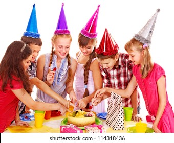 Birthday Party Of Group Teen With Cake. Isolated.