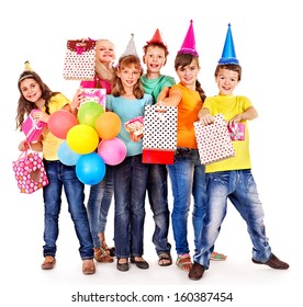 Birthday Party Group Of Teen People With Clown. Isolated.