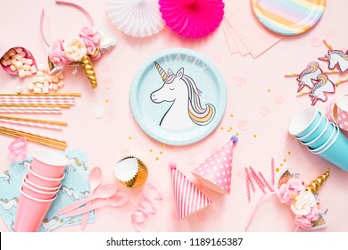 Birthday Party In Unicorn Theme On Pink Flat Lay.