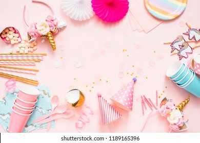 Birthday Party In Unicorn Theme On Pink Flat Lay.