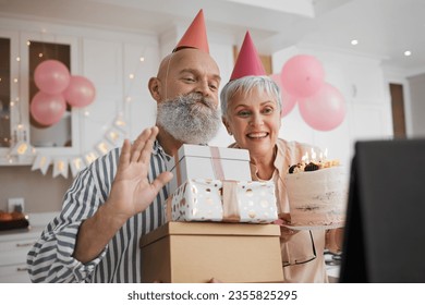 Birthday party, video call and senior couple celebrate online with cake for remote event and connection on tablet. Internet, web and elderly people excited for gift or virtual surprise together - Powered by Shutterstock