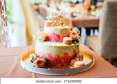 Birthday Pink Cake On 25 Years Decorated With Flowers And Macaroons, Party Cake