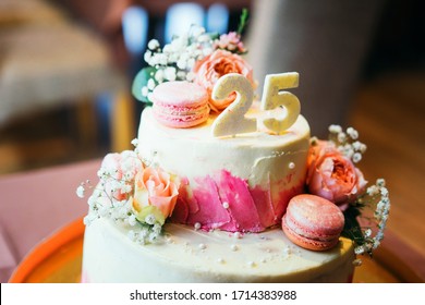 Birthday Pink Cake On 25 Years Decorated With Flowers And Macaroons, Party Cake