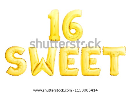 Birthday sweet 16 inscription made of golden inflatable balloons isolated on white background. Sixteenth 16th birthday party