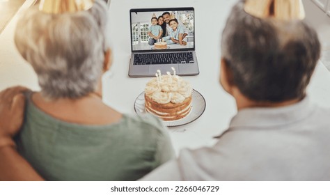 Birthday, video call and senior family for virtual celebration, party cake and online love, care and retirement. Elderly people or grandparents on laptop screen with children to celebrate for holiday - Powered by Shutterstock