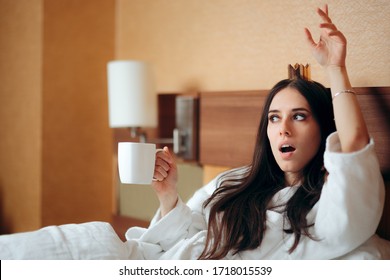 Birthday Woman  Wearing Crown Asking for More Coffee in Bed. Spoiled demanding princess girlfriend acting bossy 
 - Shutterstock ID 1718015539