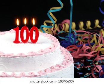 Birthday-anniversary Cake With Red Candles Showing Nr. 100