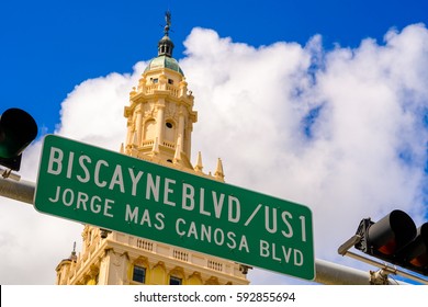 Biscayne Boulevard Street Sign In The Downtown Miami Area.