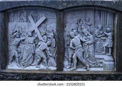 Bischofsheim, Germany - November 9, 2019: One of the monuments representing the stations of the cross at Kreuzberg monastery in Germany on a snowy day.