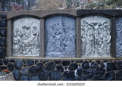 Bischofsheim, Germany - November 9, 2019: Monument at Kreuzberg monastery on a cold snowy fall day in Germany.