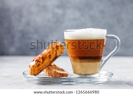 Biscotti and coffee on a gray background. Italian dessert.