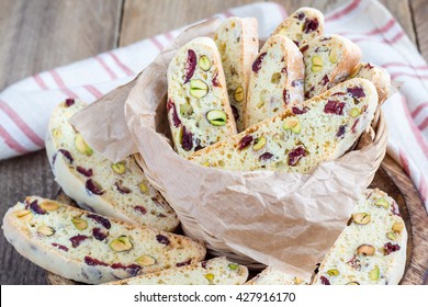 Biscotti with cranberry and pistachio in vine basket