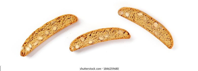 Biscotti. Traditional Italian almond cookies, shot from the top on a white background