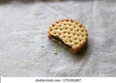 Biscuit With Chocolate Filling, With Bite Mark. Selective Focus.