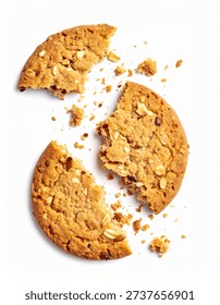 biscuit, cookie, oat, bite, isolated, top, wheat, hobnob, view, crunchy, cereal, wholemeal, bran, white, above, english, grain, missing, texture, healthy, baked, fiber, sweet, oatmeal, traditional, brown, closeup, crispy, crumbs, eaten, one, partially, round, single, 