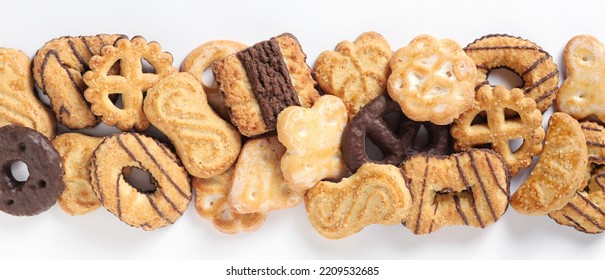 Biscuit Cookies Assortment On A White Background, Top View