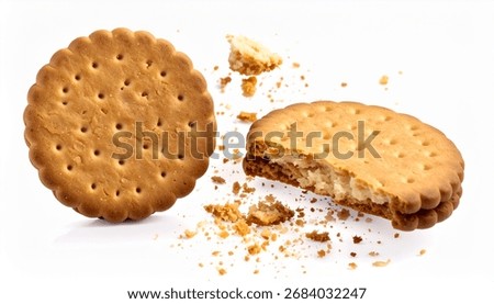 Biscuits broken into two halves with falling crumbs down, isolated on white backgroun